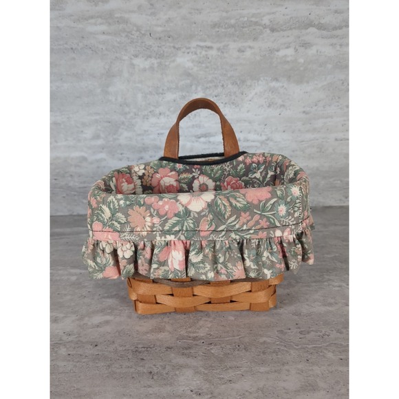 Vintage 1996 Longaberger Small Key Basket w Fabric Lining, Green & Pink Floral - Picture 1 of 9